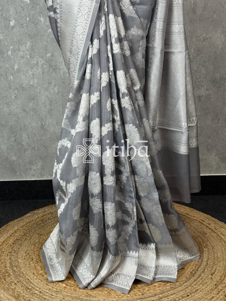 KORA GREY ZARI JAAL BANARASI SAREE