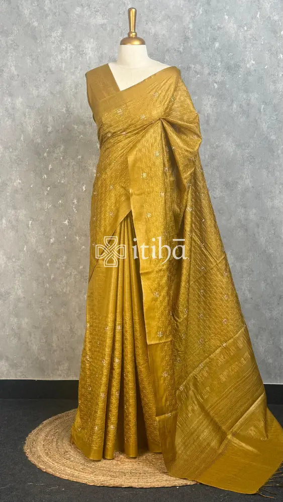 LINED TUSSAR SILK EMBROIDERYSAREE - MUSTARD GOLD