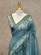 LINEN APPLIQUE EMBROIDERY SAREE - PEACOCK BLUE