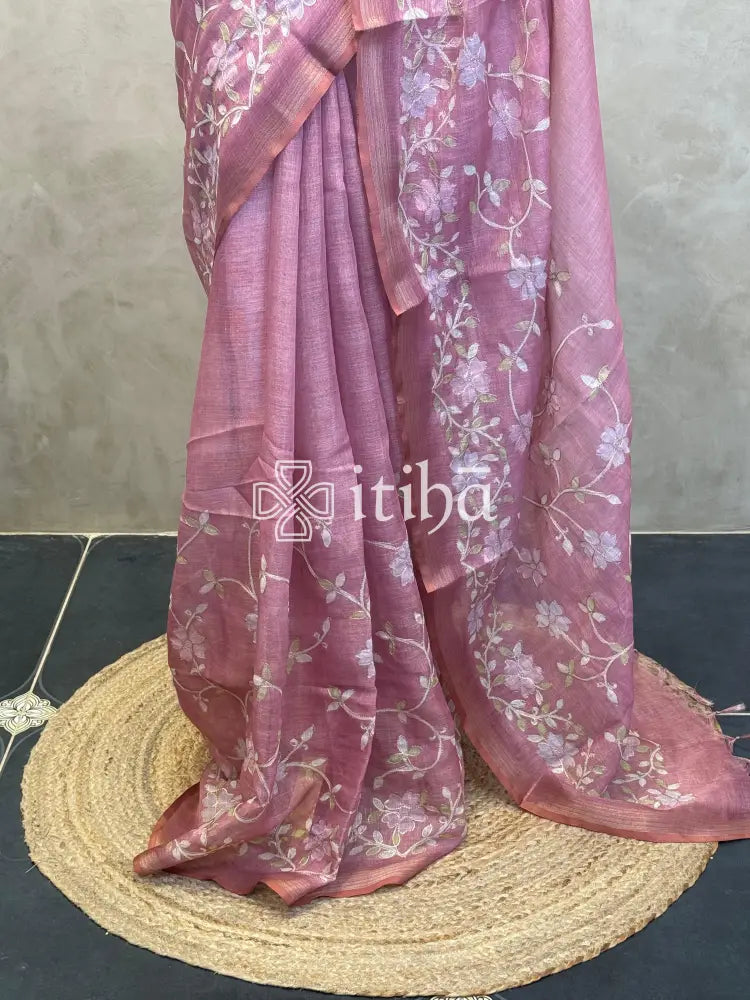 LINEN APPLIQUE EMBROIDERY SAREE