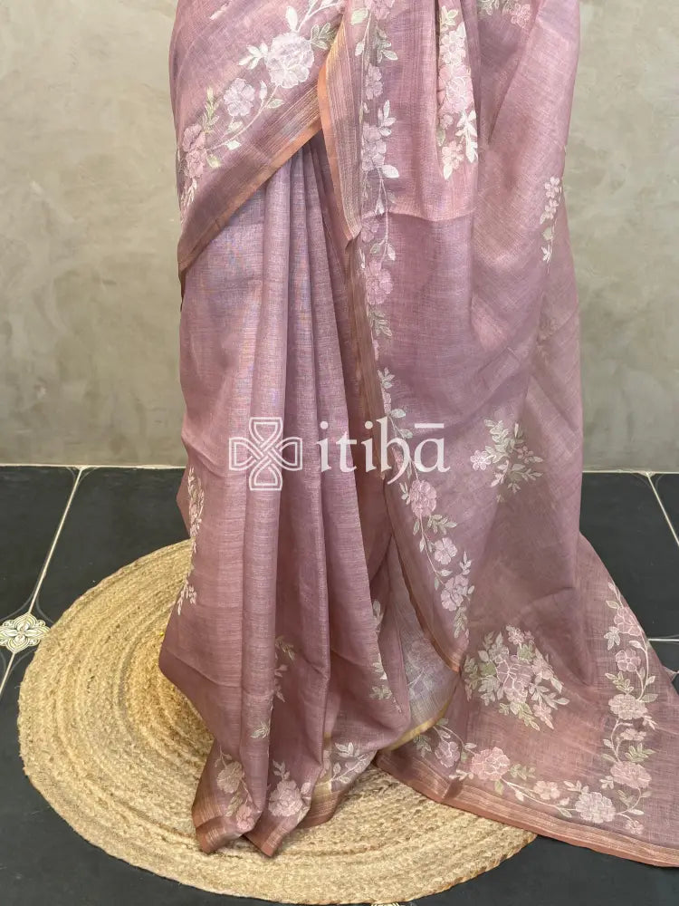 LINEN APPLIQUE EMBROIDERY SAREE