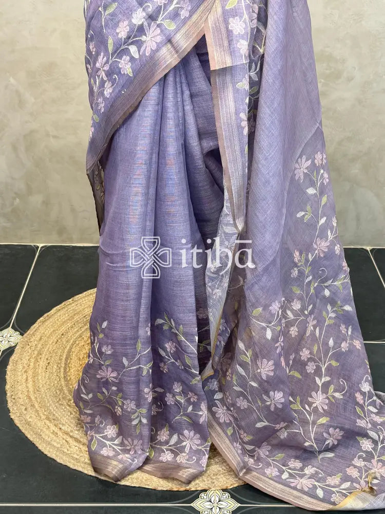 LINEN APPLIQUE EMBROIDERY SAREE