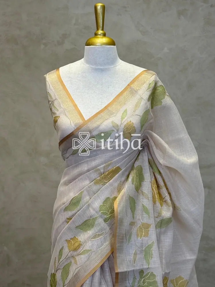 LINEN APPLIQUE EMBROIDERY SAREE