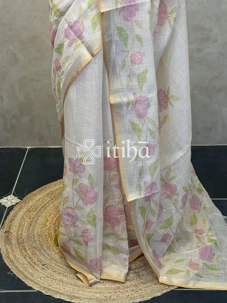 LINEN APPLIQUE EMBROIDERY SAREE