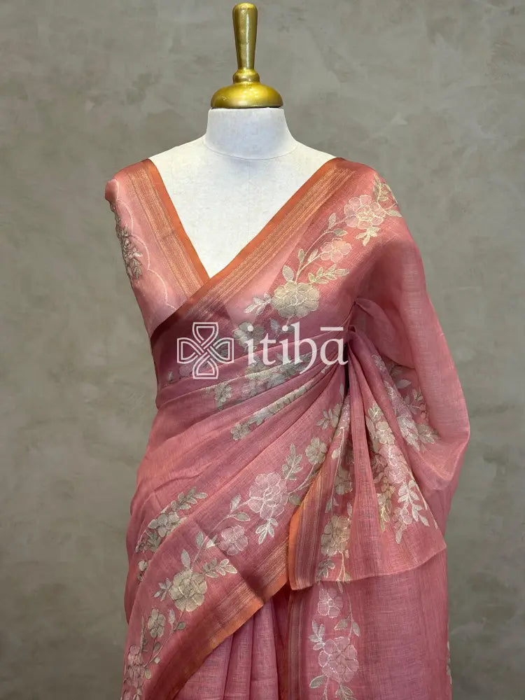 LINEN APPLIQUE EMBROIDERY SAREE