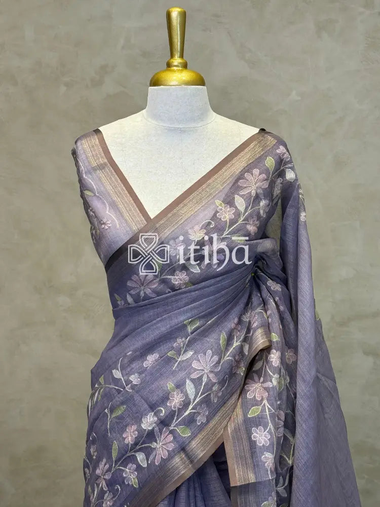 LINEN APPLIQUE EMBROIDERY SAREE
