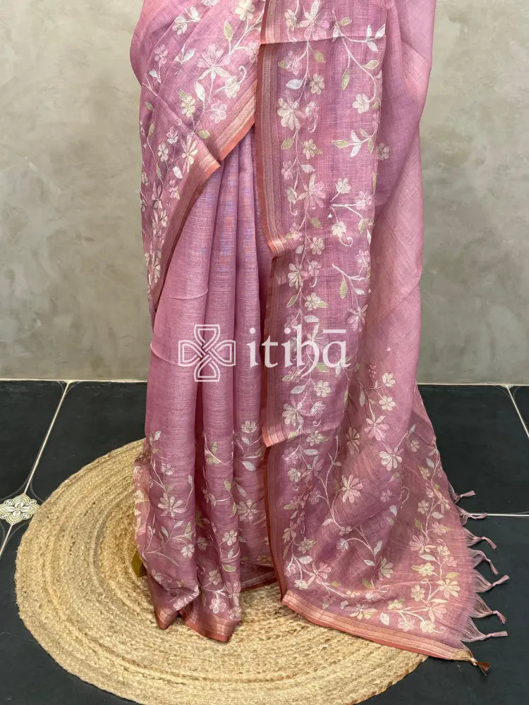 LINEN APPLIQUE EMBROIDERY SAREE
