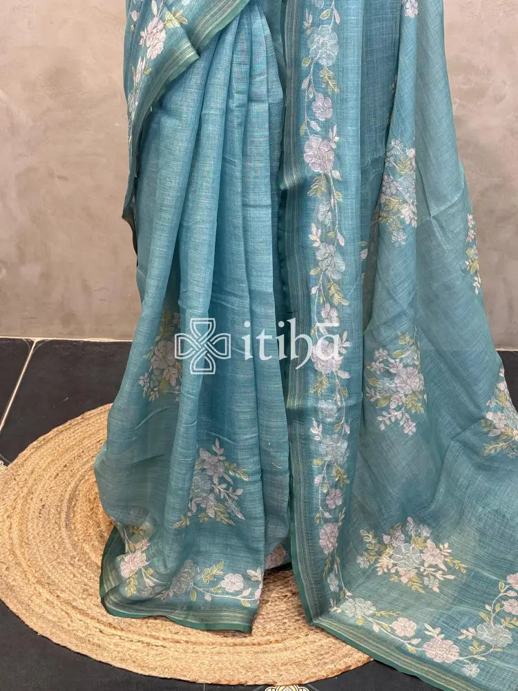 LINEN APPLIQUE EMBROIDERY SAREE - PEACOCK BLUE