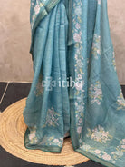 LINEN APPLIQUE EMBROIDERY SAREE - PEACOCK BLUE