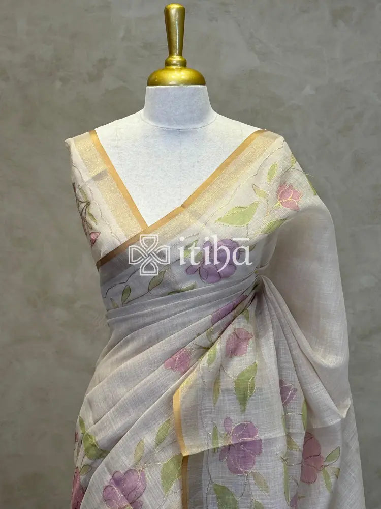 LINEN APPLIQUE EMBROIDERY SAREE