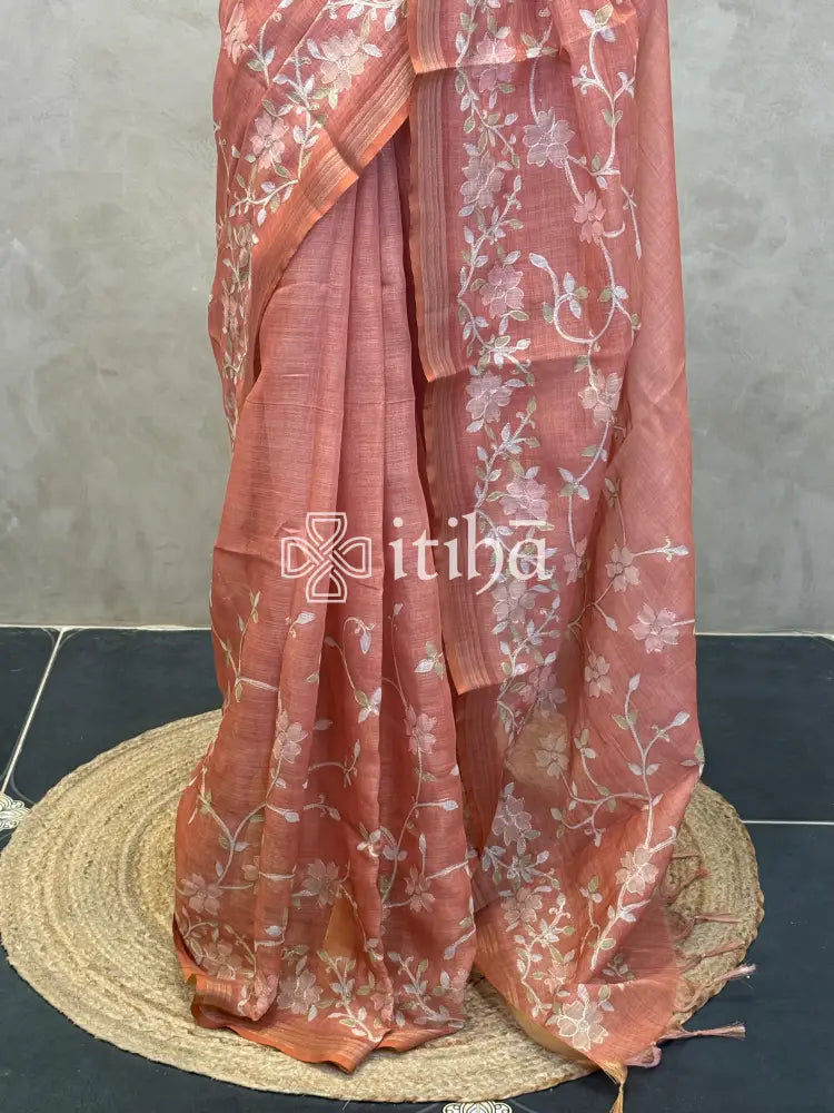 LINEN APPLIQUE EMBROIDERY SAREE