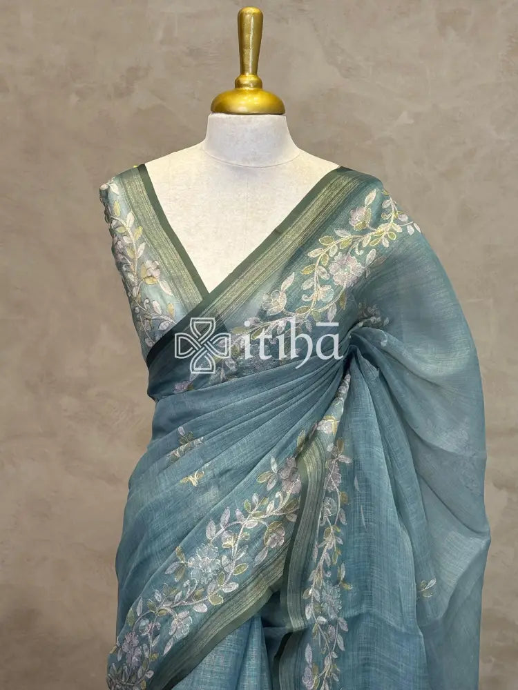 LINEN APPLIQUE EMBROIDERY SAREE