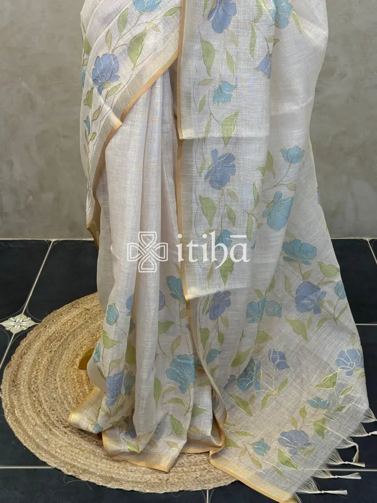 LINEN APPLIQUE EMBROIDERY SAREE