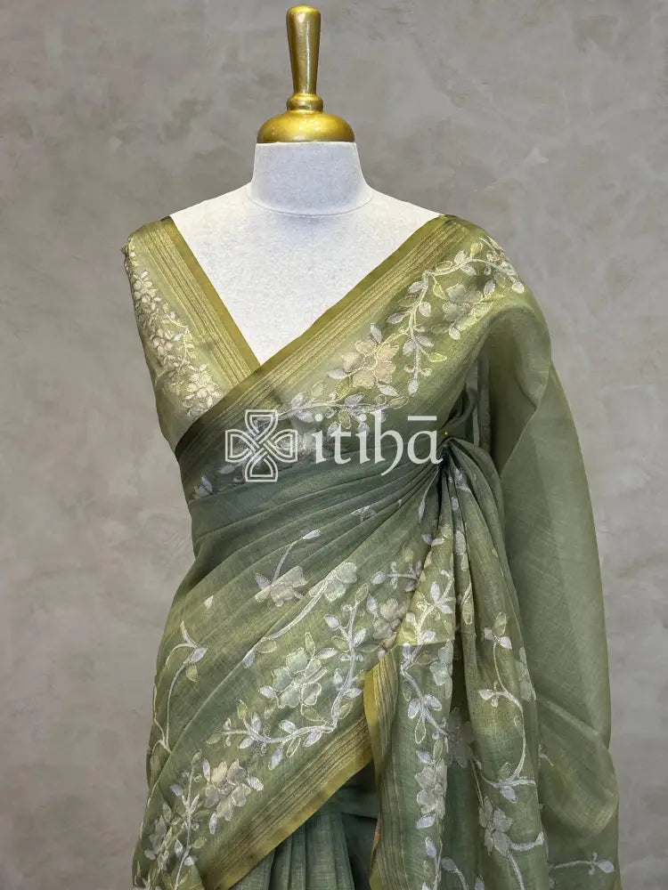 LINEN APPLIQUE EMBROIDERY SAREE