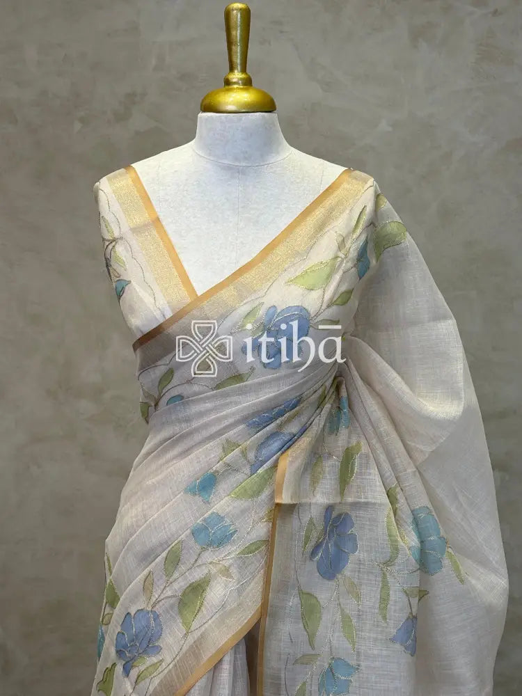 LINEN APPLIQUE EMBROIDERY SAREE