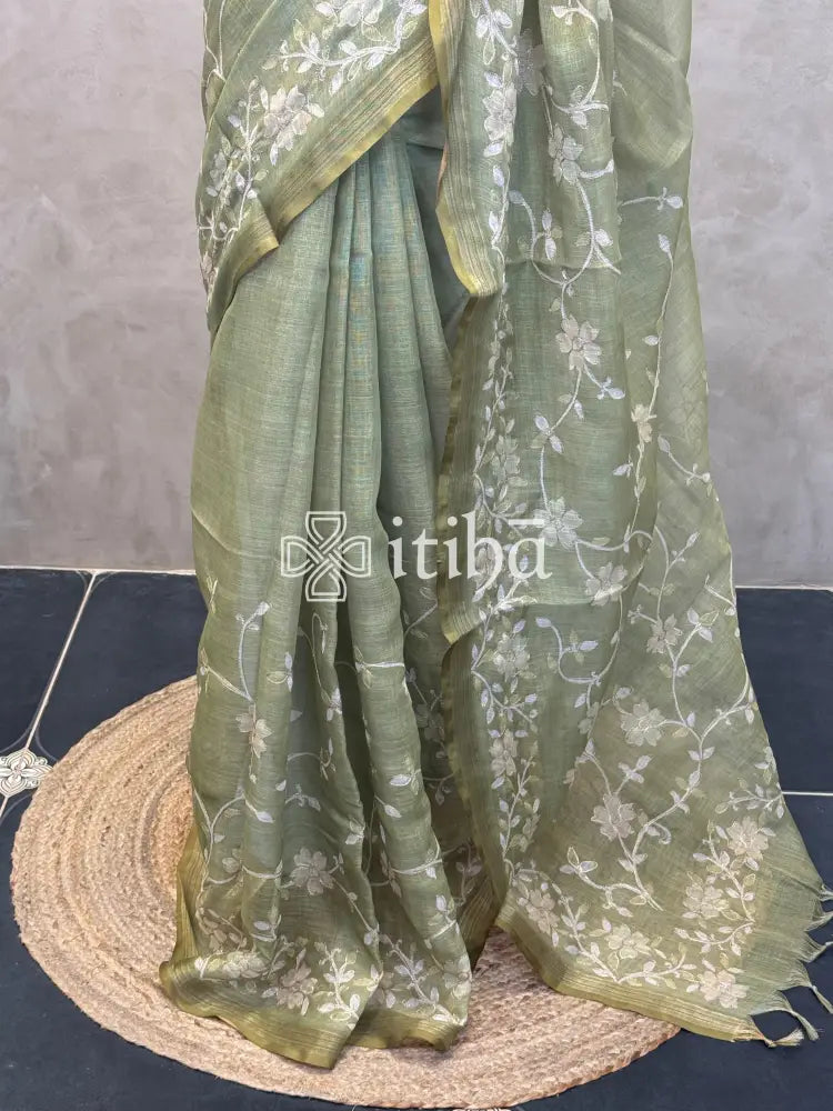 LINEN APPLIQUE EMBROIDERY SAREE