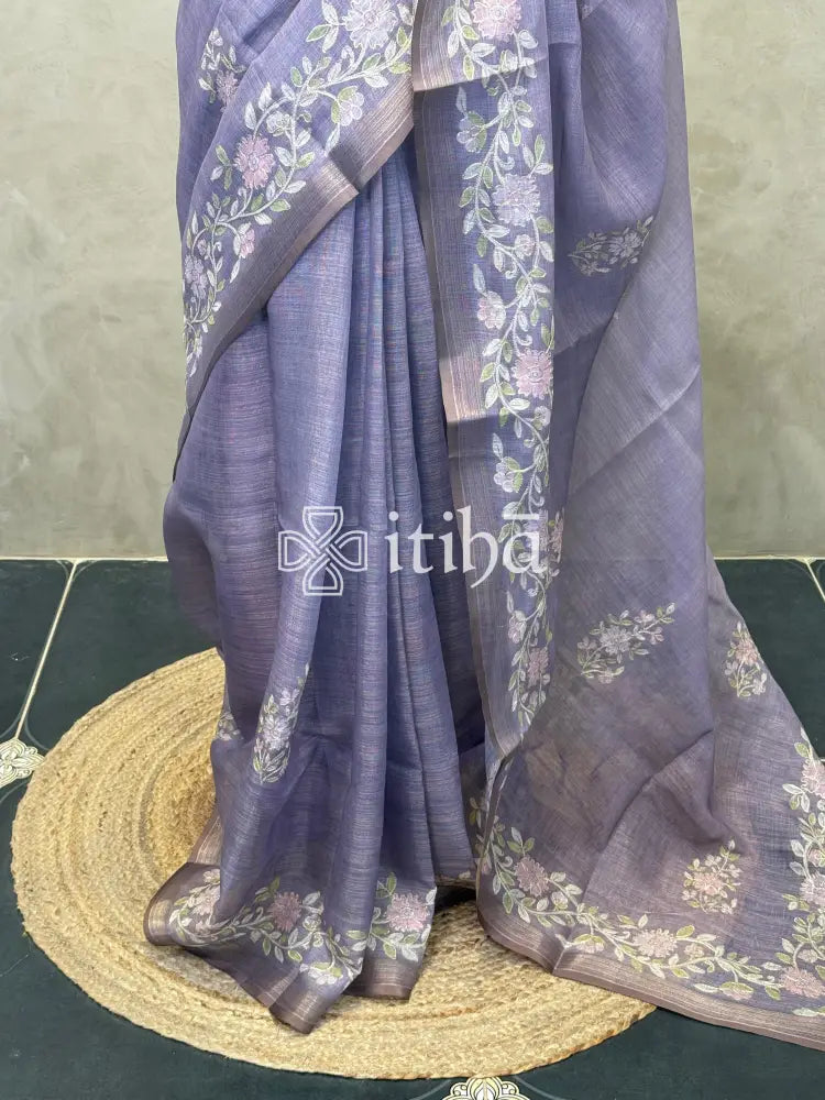 LINEN APPLIQUE EMBROIDERY SAREE