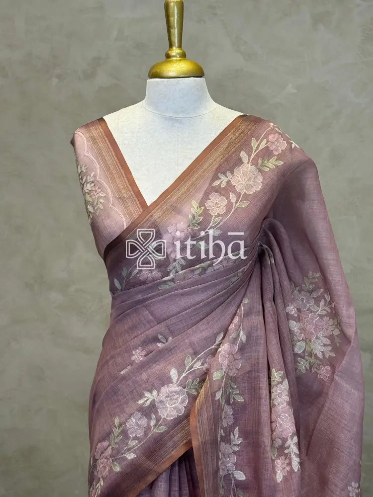 LINEN APPLIQUE EMBROIDERY SAREE