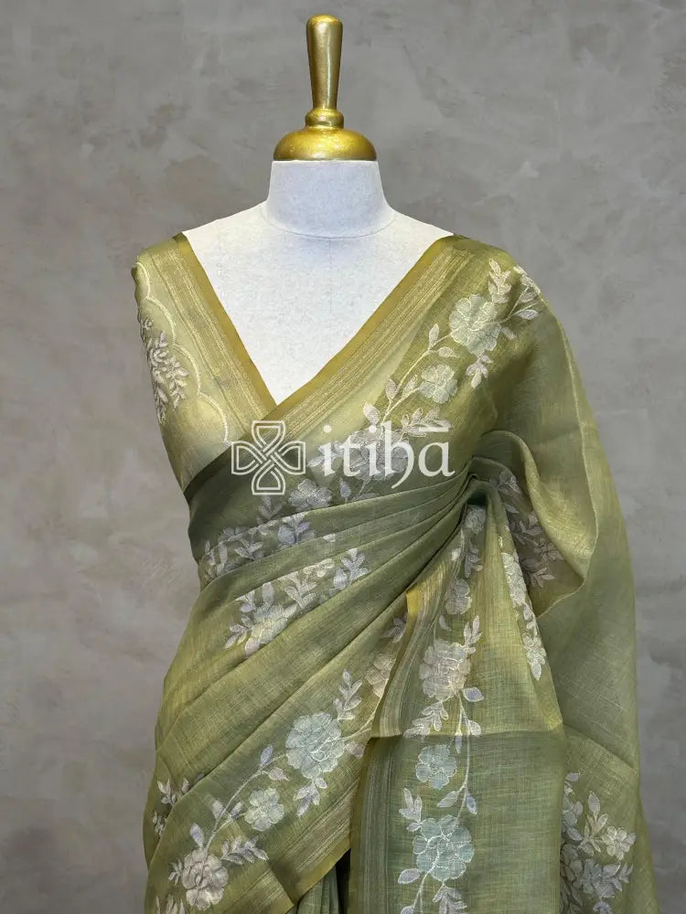 LINEN APPLIQUE EMBROIDERY SAREE