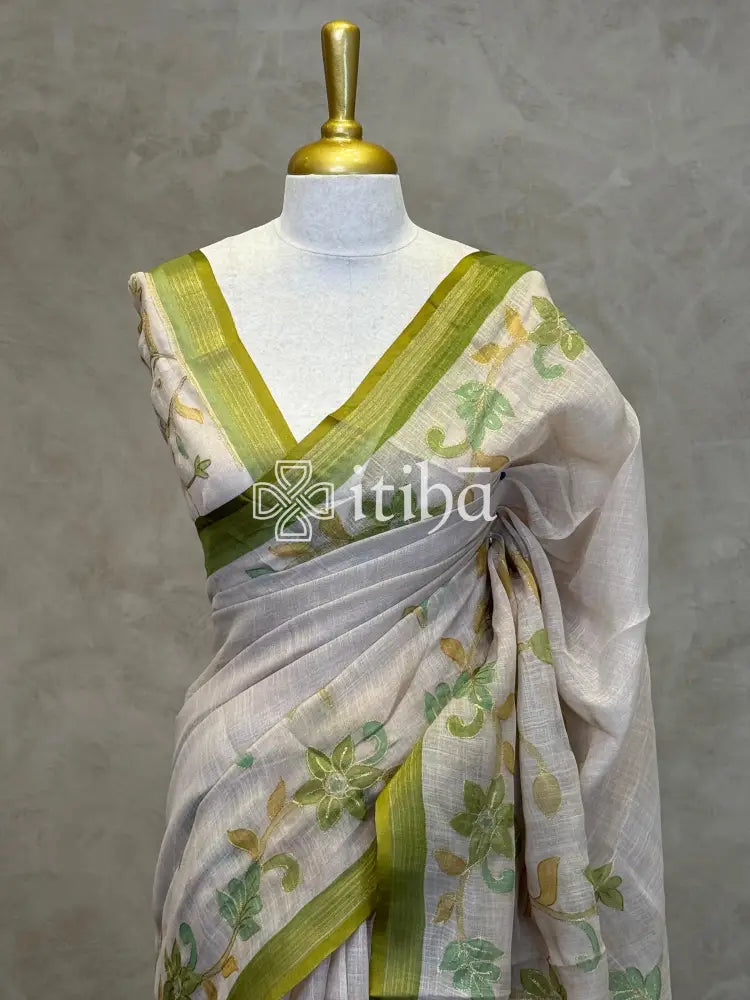LINEN APPLIQUE EMBROIDERY SAREE