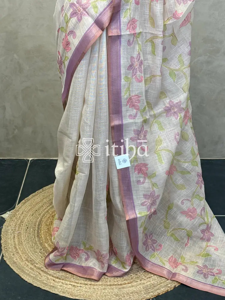 LINEN APPLIQUE EMBROIDERY SAREE