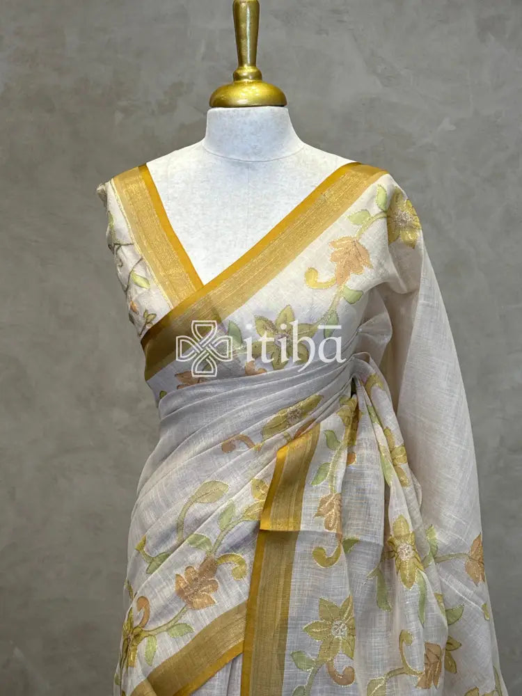 LINEN APPLIQUE EMBROIDERY SAREE