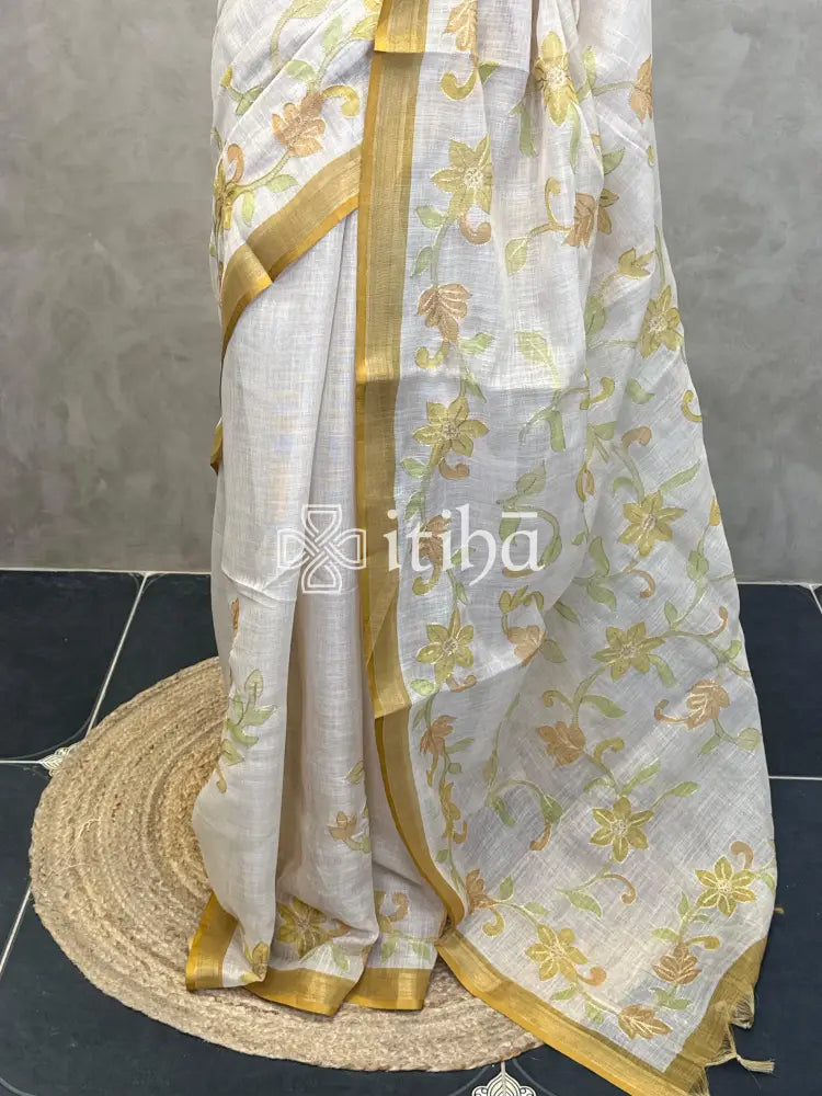 LINEN APPLIQUE EMBROIDERY SAREE