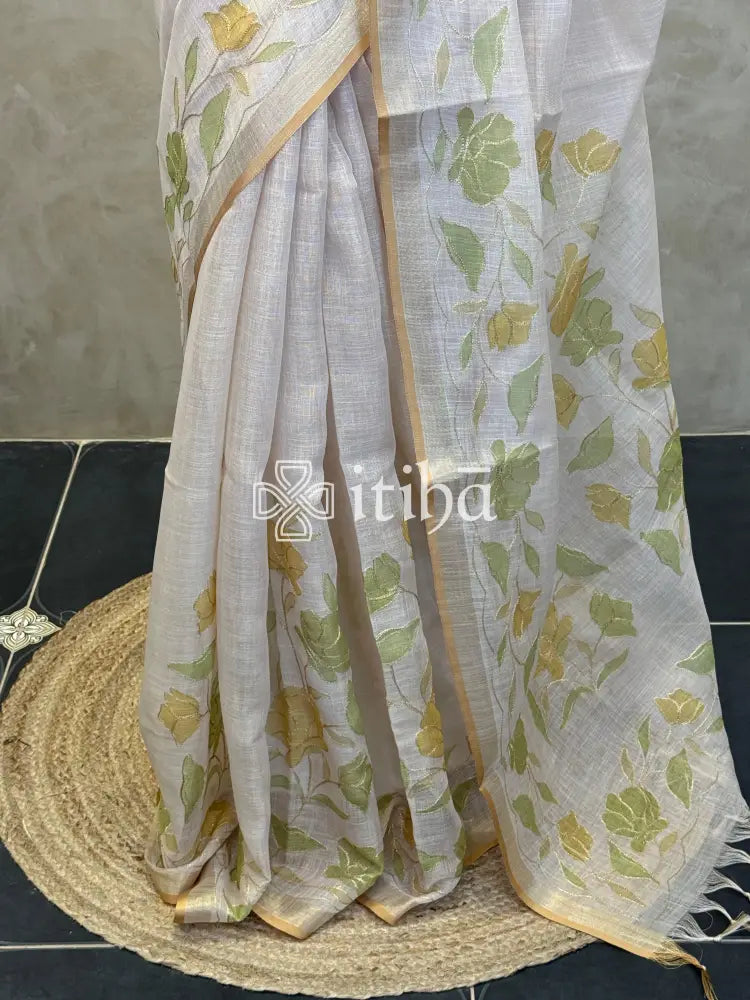 LINEN APPLIQUE EMBROIDERY SAREE