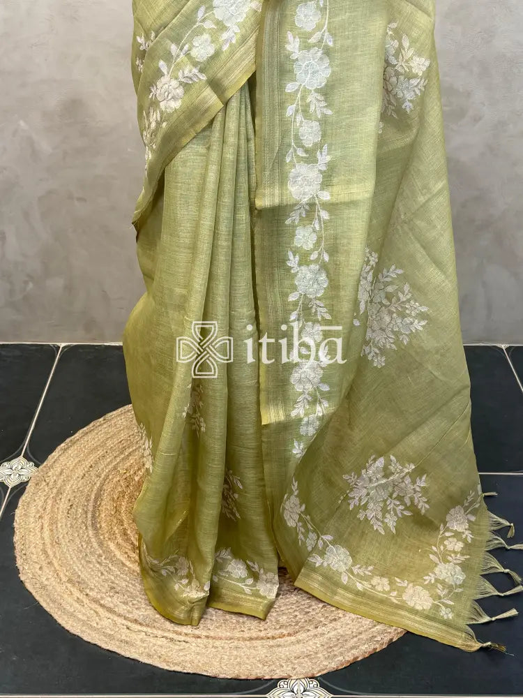 LINEN APPLIQUE EMBROIDERY SAREE