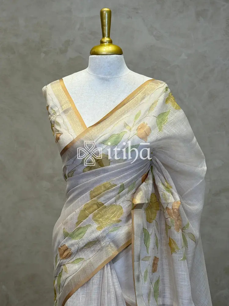 LINEN APPLIQUE EMBROIDERY SAREE