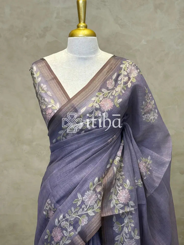 LINEN APPLIQUE EMBROIDERY SAREE