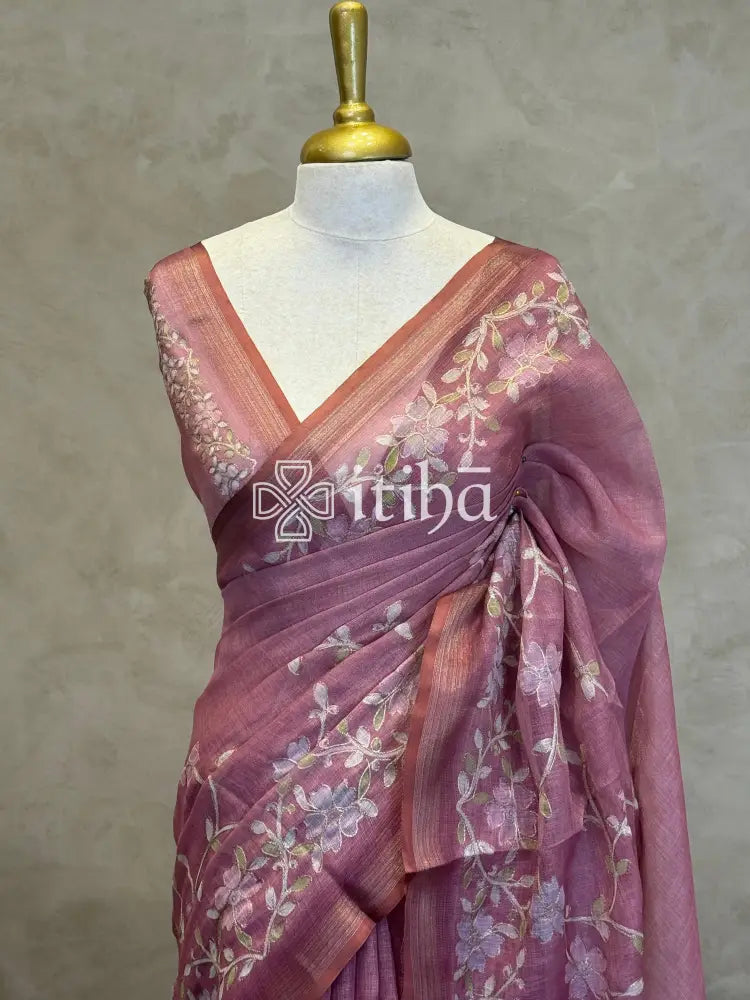 LINEN APPLIQUE EMBROIDERY SAREE