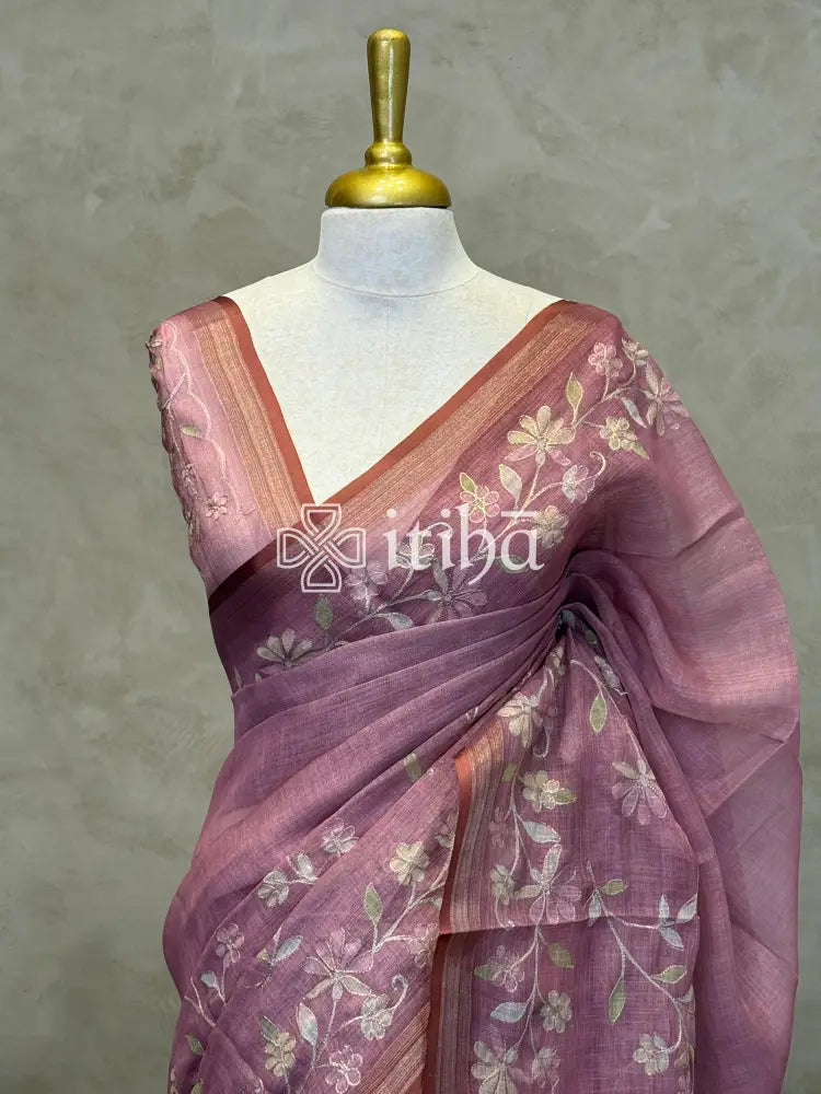 LINEN APPLIQUE EMBROIDERY SAREE