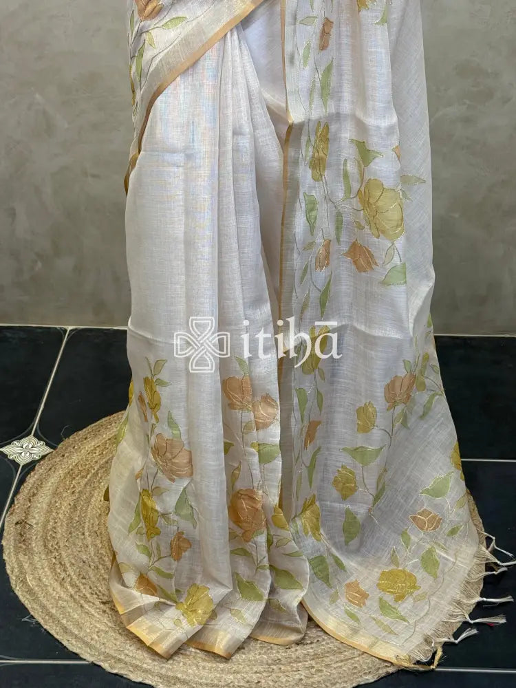 LINEN APPLIQUE EMBROIDERY SAREE