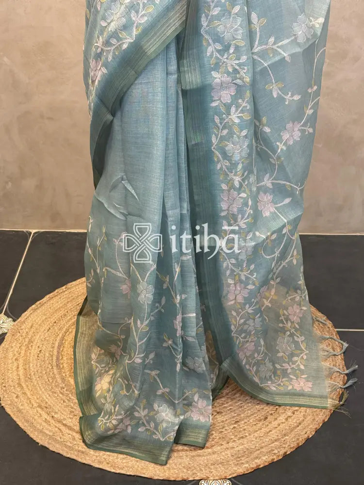 LINEN APPLIQUE EMBROIDERY SAREE