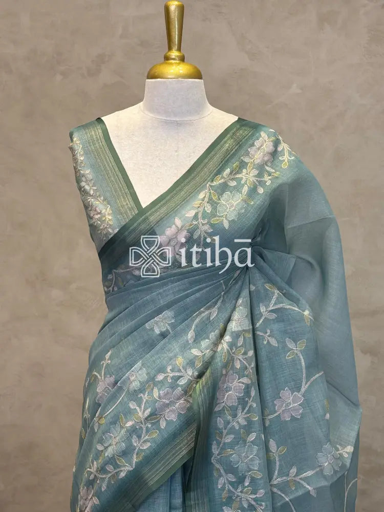 LINEN APPLIQUE EMBROIDERY SAREE