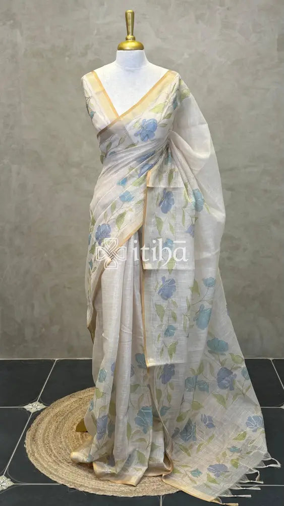 LINEN APPLIQUE EMBROIDERY SAREE - Blue