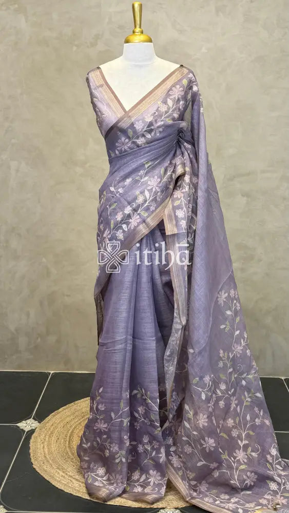 LINEN APPLIQUE EMBROIDERY SAREE - DUSTY LAVENDER