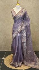 LINEN APPLIQUE EMBROIDERY SAREE - DUSTY PURPLE