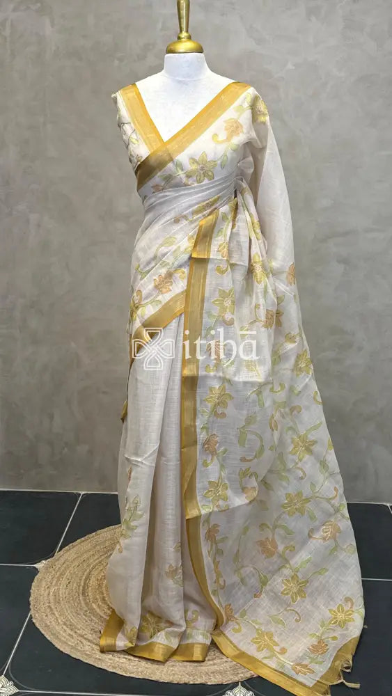 LINEN APPLIQUE EMBROIDERY SAREE - GOLDEN YELLOW