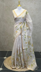LINEN APPLIQUE EMBROIDERY SAREE - mustard yellow