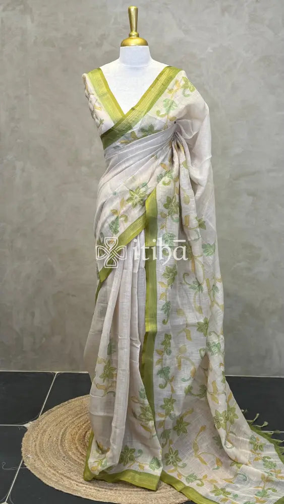 LINEN APPLIQUE EMBROIDERY SAREE - olive green
