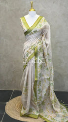 LINEN APPLIQUE EMBROIDERY SAREE - olive green