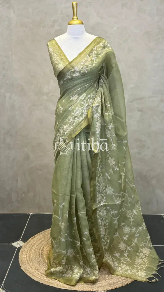 LINEN APPLIQUE EMBROIDERY SAREE - olive green