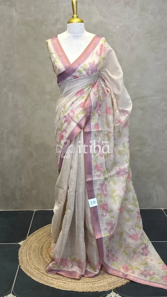 LINEN APPLIQUE EMBROIDERY SAREE - ONION PINK