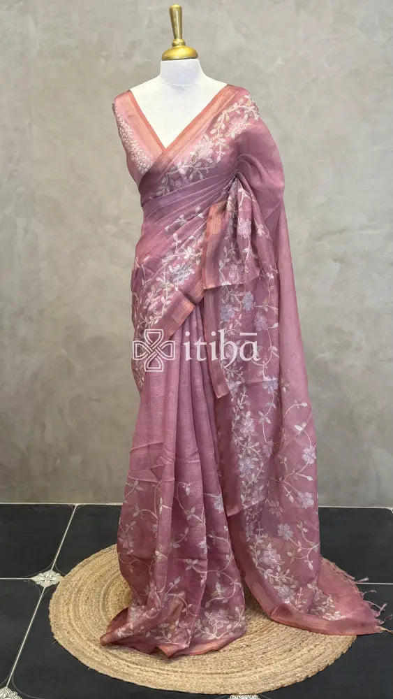 LINEN APPLIQUE EMBROIDERY SAREE - ONION PINK