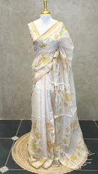 LINEN APPLIQUE EMBROIDERY SAREE - Orange