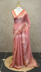 LINEN APPLIQUE EMBROIDERY SAREE - PEACH