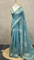 LINEN APPLIQUE EMBROIDERY SAREE - PEACOCK BLUE