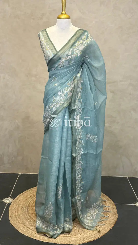 LINEN APPLIQUE EMBROIDERY SAREE - PEACOCK TEAL